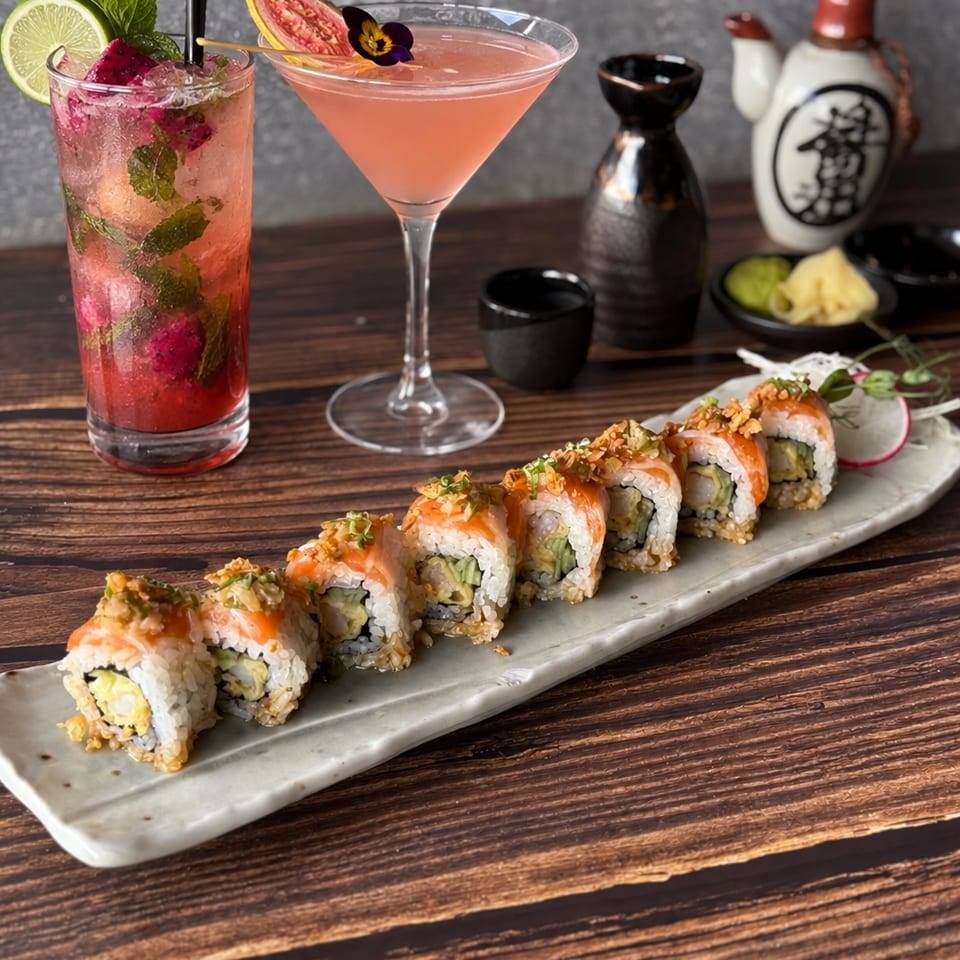 Sushi rolls on a ceramic platter beside pink cocktails, garnished with citrus, mint, dragon fruit, and guava.
