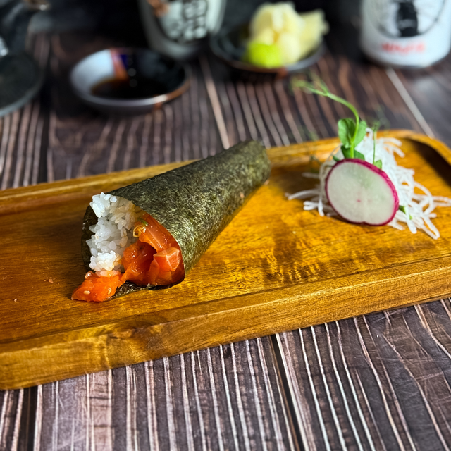 Spicy Salmon Hand Roll.